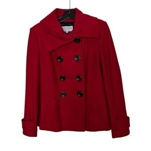 Simon Chang Red Peacoat Satin Lining Double Breasted Collared Wool Jacket
